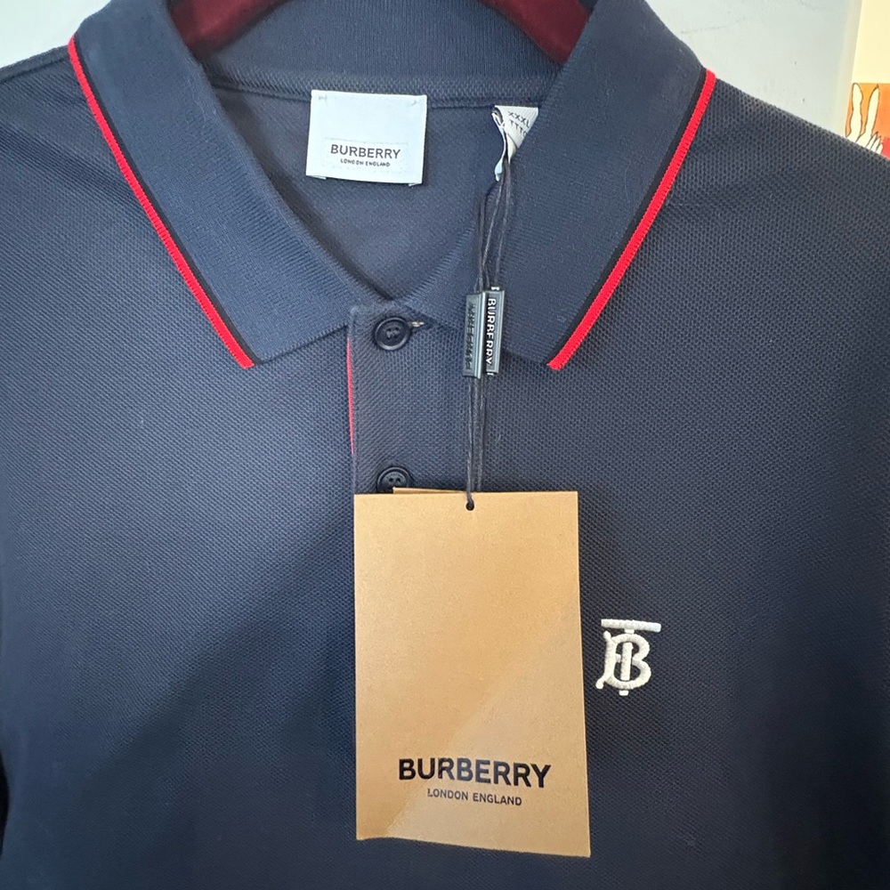 Burberry Men's Polo in Dark Blue with Red Trim